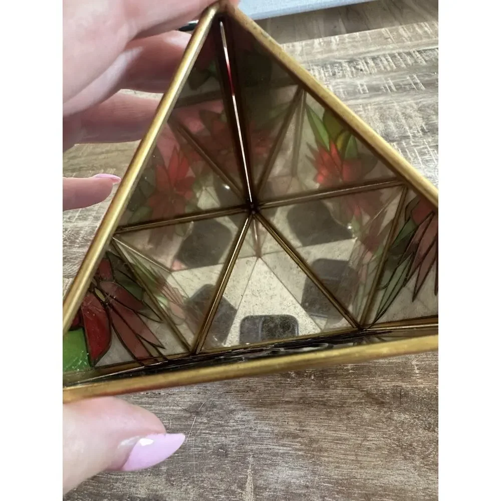 Vintage Stained Glass Poinsettia Mirrored Candle Holder Christmas Holiday